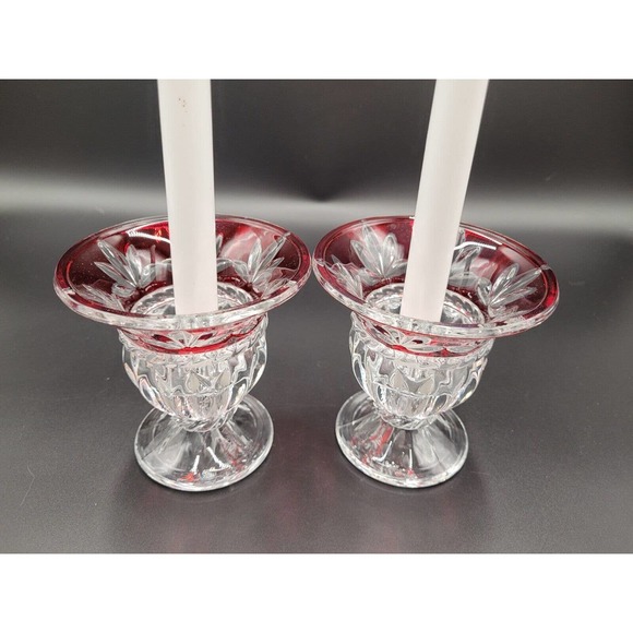 Cristal D'arques France Cut To Clear Candlesticks Ruby Red Crystal 2 Set - Picture 3 of 10